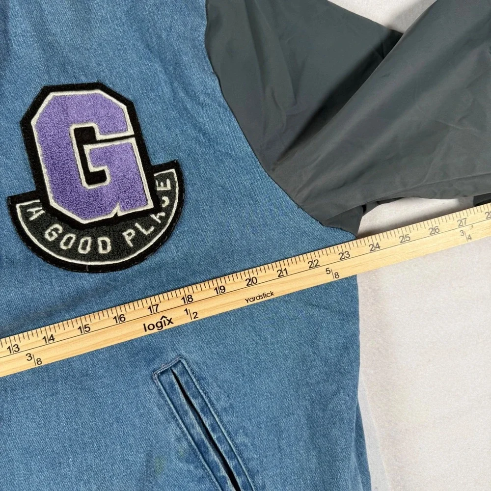 HM Mens Denim Varsity Jacket Blue Gray A Good Place Chenille Patch Bomber M
